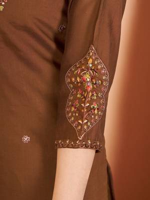 Coffee color marina silk fabric thread embroidered ethnic fancy kurta set 4