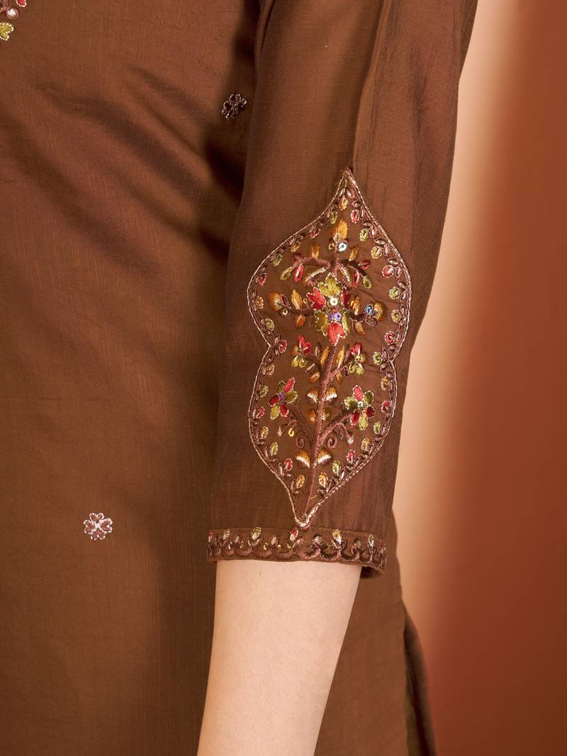 Coffee color marina silk fabric thread embroidered ethnic fancy kurta set