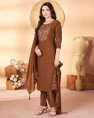 Coffee color marina silk fabric thread embroidered ethnic fancy kurta set 5