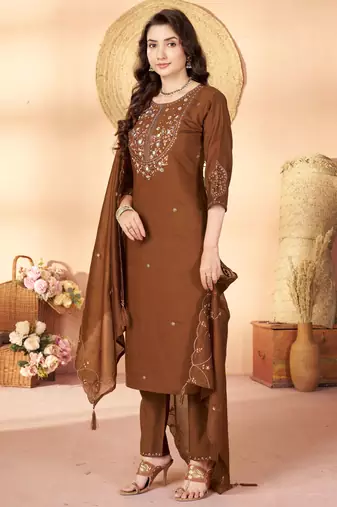 Coffee color marina silk fabric thread embroidered ethnic fancy kurta set