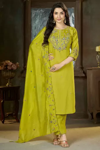 Parrot green color marina silk fabric thread embroidered ethnic fancy kurta set
