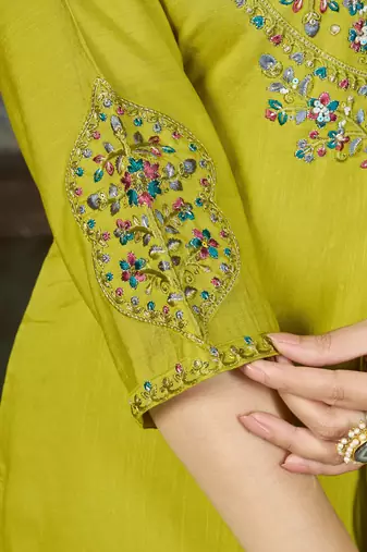 Parrot green color marina silk fabric thread embroidered ethnic fancy kurta set