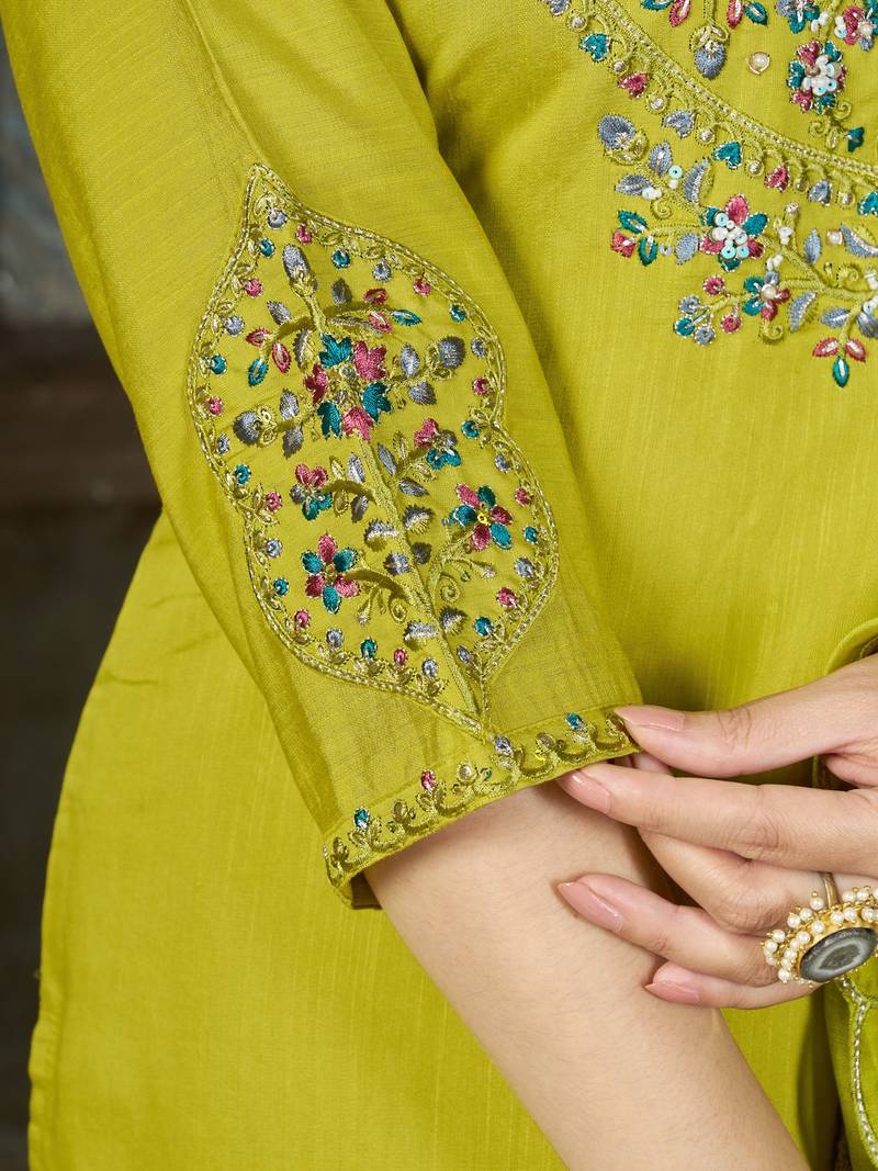 Parrot green color marina silk fabric thread embroidered ethnic fancy kurta set