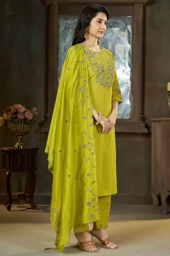 Parrot green color marina silk fabric thread embroidered ethnic fancy kurta set