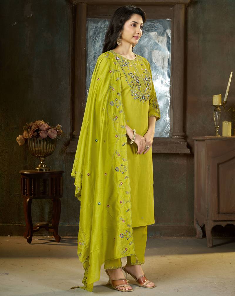Parrot green color marina silk fabric thread embroidered ethnic fancy kurta set