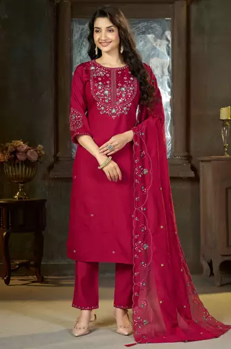 Pink color marina silk fabric thread embroidered ethnic fancy kurta set