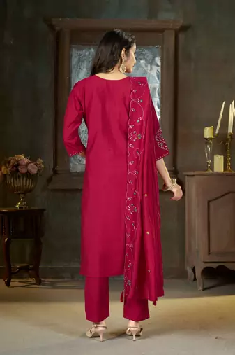 Pink color marina silk fabric thread embroidered ethnic fancy kurta set
