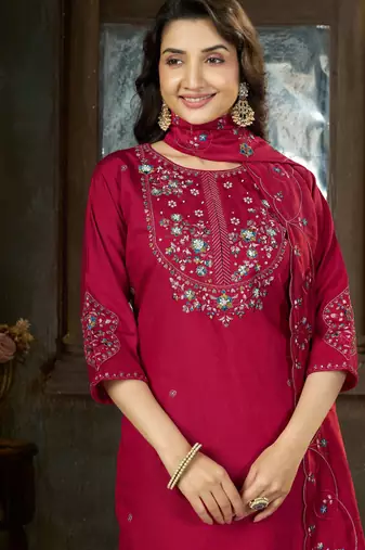 Pink color marina silk fabric thread embroidered ethnic fancy kurta set