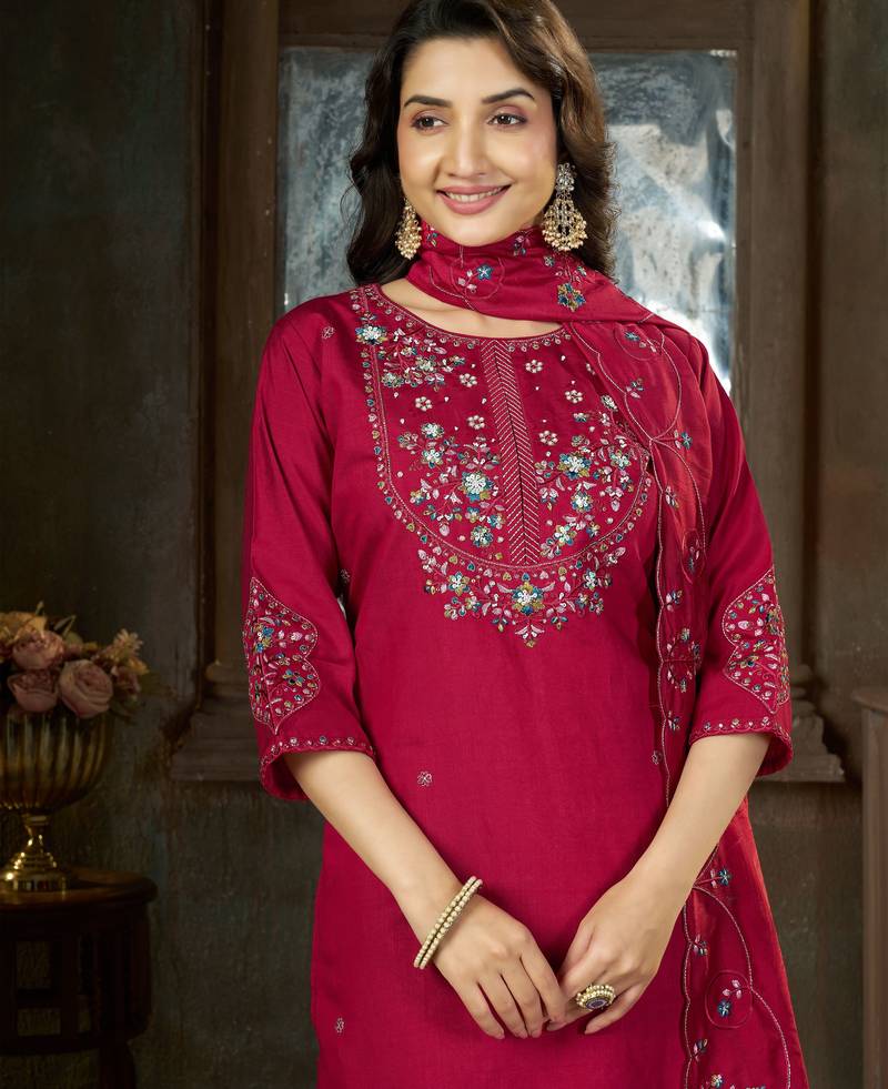 Pink color marina silk fabric thread embroidered ethnic fancy kurta set