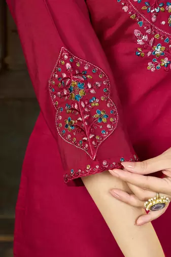 Pink color marina silk fabric thread embroidered ethnic fancy kurta set