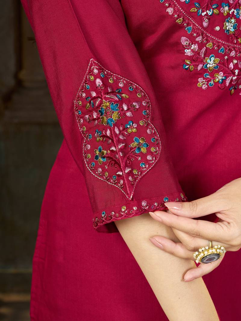 Pink color marina silk fabric thread embroidered ethnic fancy kurta set