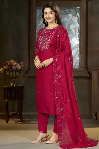 Pink color marina silk fabric thread embroidered ethnic fancy kurta set