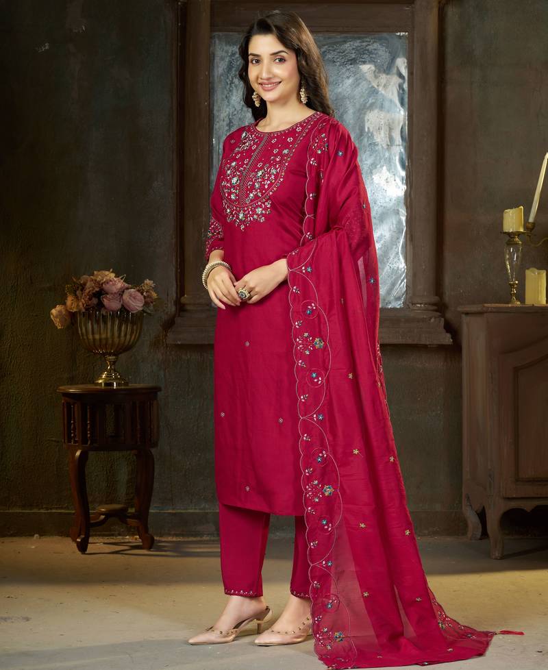 Pink color marina silk fabric thread embroidered ethnic fancy kurta set