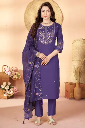 Violet color marina silk fabric thread embroidered ethnic fancy kurta set