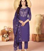 Violet color marina silk fabric thread embroidered ethnic fancy kurta set