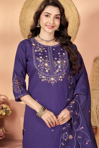 Violet color marina silk fabric thread embroidered ethnic fancy kurta set