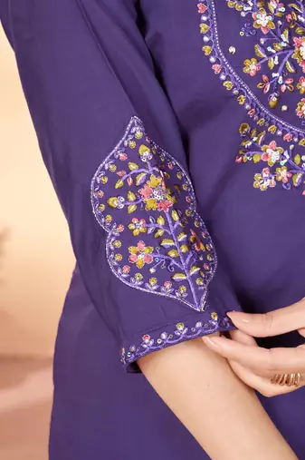 Violet color marina silk fabric thread embroidered ethnic fancy kurta set