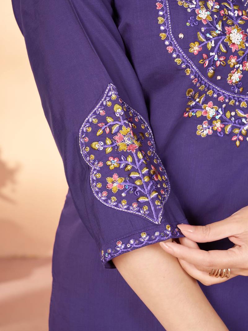 Violet color marina silk fabric thread embroidered ethnic fancy kurta set