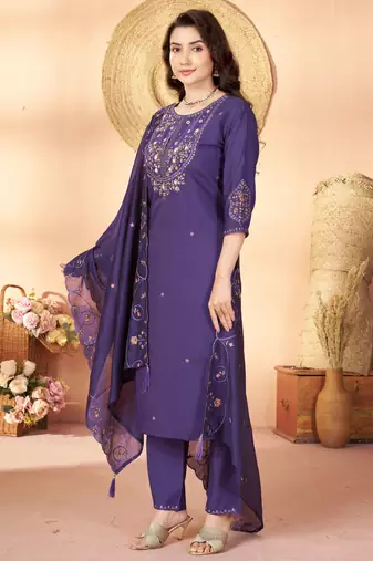 Violet color marina silk fabric thread embroidered ethnic fancy kurta set