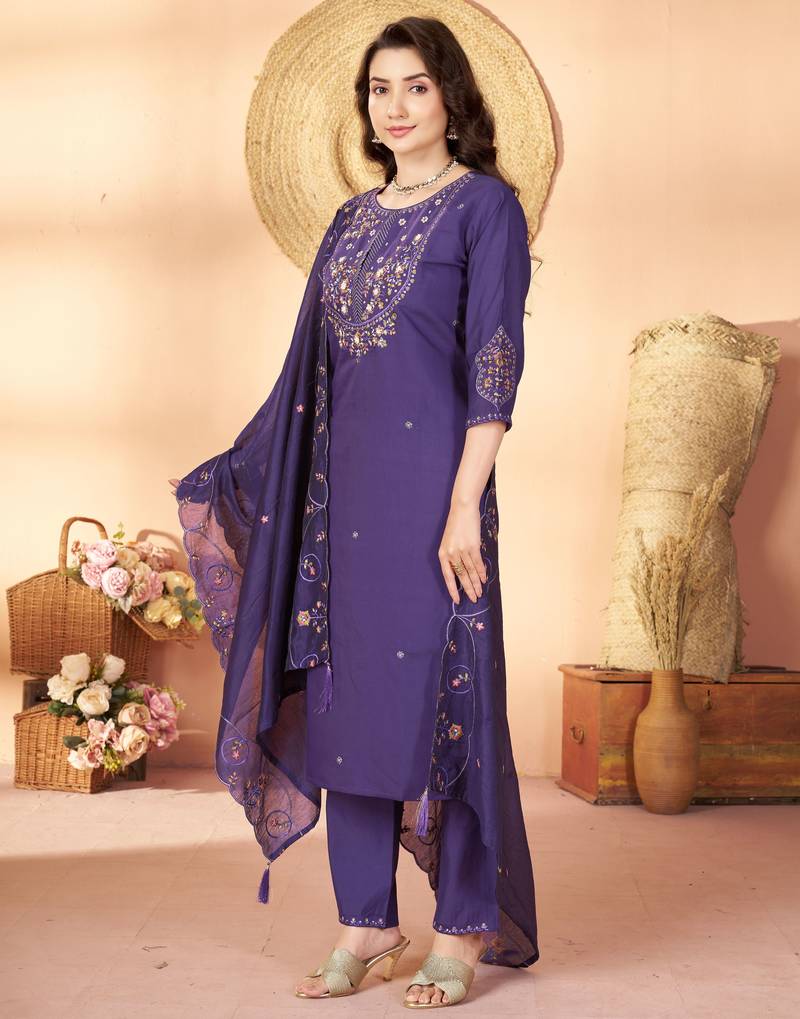 Violet color marina silk fabric thread embroidered ethnic fancy kurta set