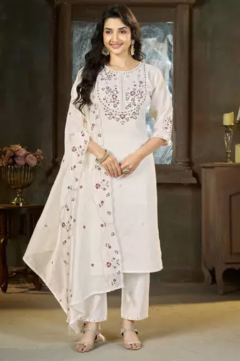 White color marina silk fabric thread embroidered ethnic fancy kurta set