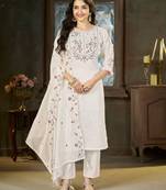 White color marina silk fabric thread embroidered ethnic fancy kurta set