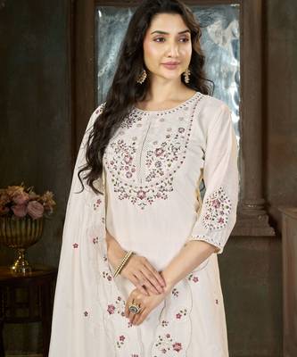 White color marina silk fabric thread embroidered ethnic fancy kurta set 3