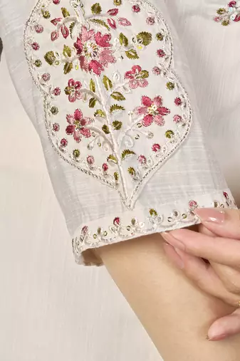 White color marina silk fabric thread embroidered ethnic fancy kurta set
