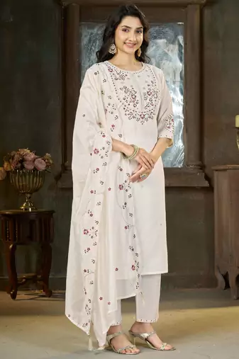 White color marina silk fabric thread embroidered ethnic fancy kurta set