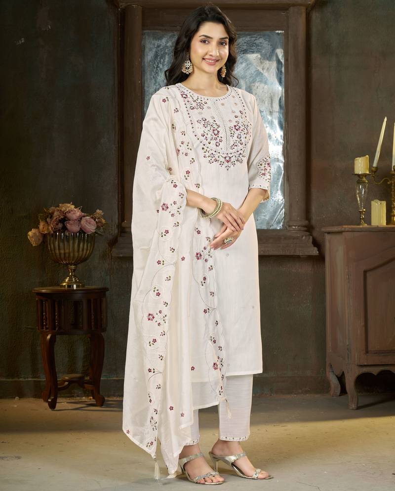 White color marina silk fabric thread embroidered ethnic fancy kurta set