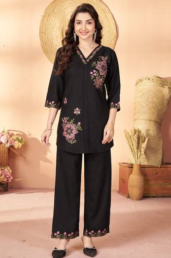 Black color thread work co-ord set dress for trendy girls