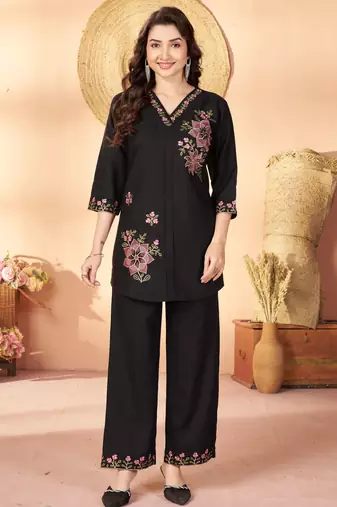 Black color thread work co-ord set dress for trendy girls