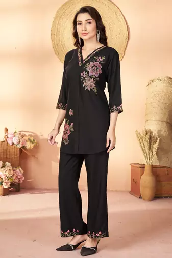 Black color thread work co-ord set dress for trendy girls