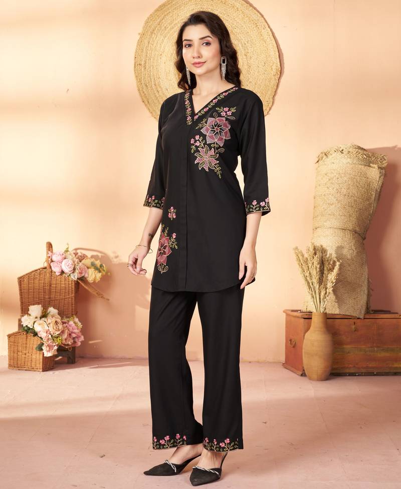 Black color thread work co-ord set dress for trendy girls