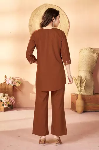 Coffee color thread work co-ord set dress for trendy girls