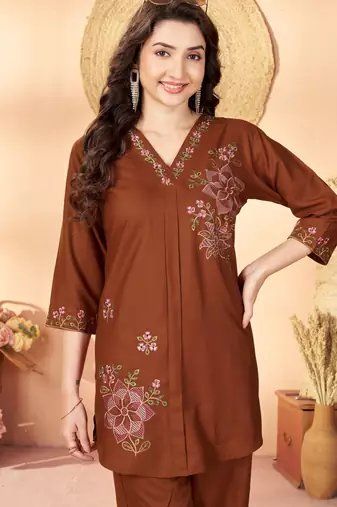 Coffee color thread work co-ord set dress for trendy girls