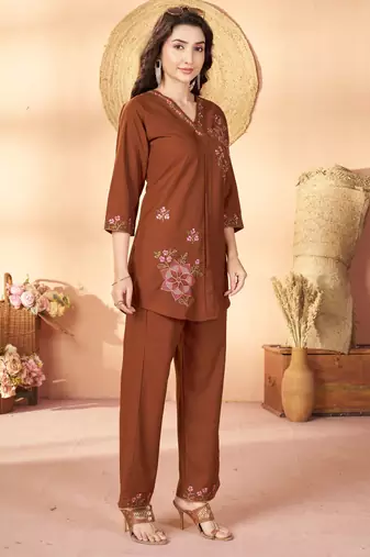Coffee color thread work co-ord set dress for trendy girls