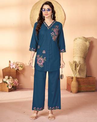 Blue color thread work co-ord set dress for trendy girls 1
