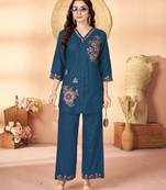 Blue color thread work co-ord set dress for trendy girls