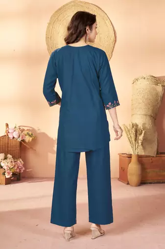 Blue color thread work co-ord set dress for trendy girls