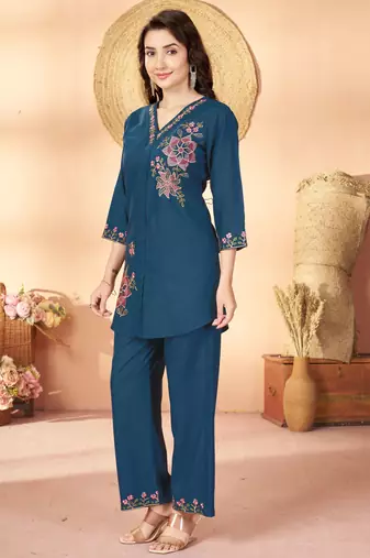 Blue color thread work co-ord set dress for trendy girls