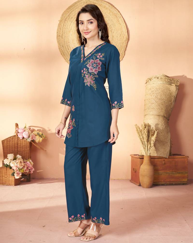 Blue color thread work co-ord set dress for trendy girls