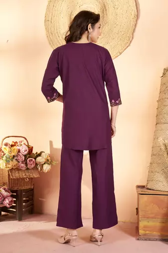 Wine color thread work co-ord set dress for trendy girls