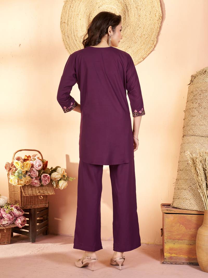 Wine color thread work co-ord set dress for trendy girls