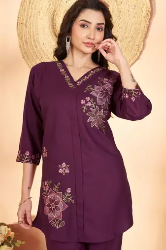 Wine color thread work co-ord set dress for trendy girls