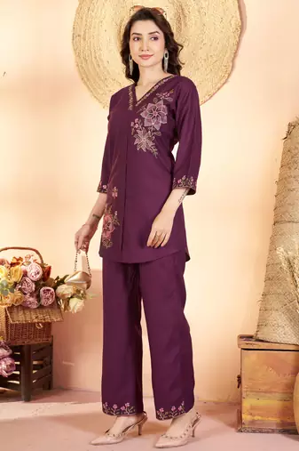 Wine color thread work co-ord set dress for trendy girls