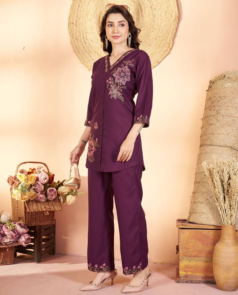 Wine color thread work co-ord set dress for trendy girls
