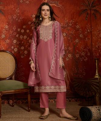 Pink color smart and ethnic silk fabric embroidered partywear suit 1