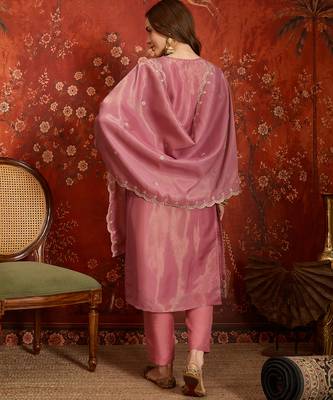 Pink color smart and ethnic silk fabric embroidered partywear suit 2