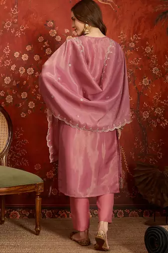 Pink color smart and ethnic silk fabric embroidered partywear suit